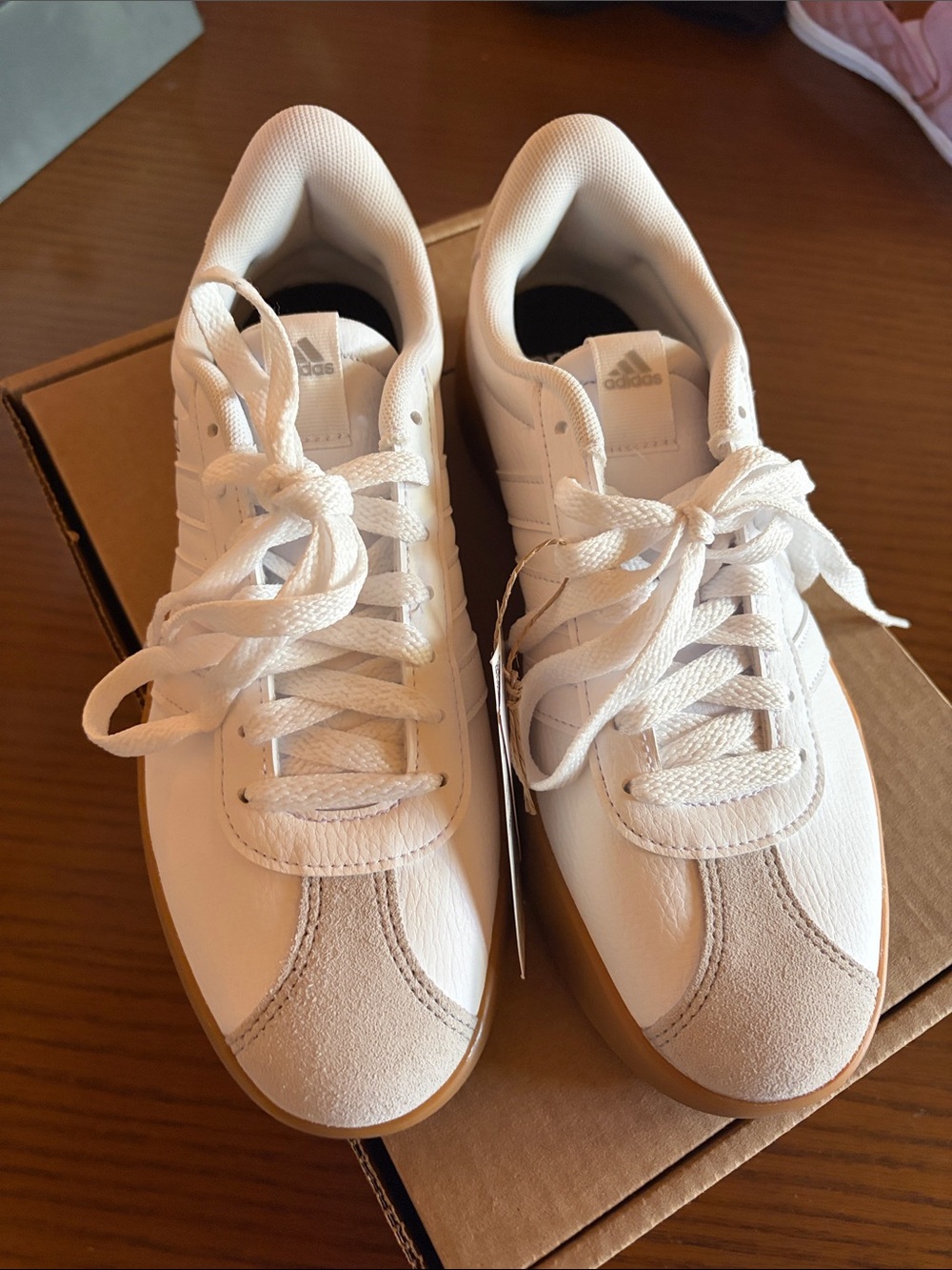 adidas White Sneakers with Gum Sole and Light Gray Suede - Picture 1 of 8